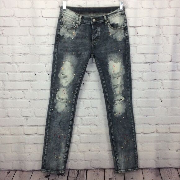 Dript Denim Blue Jeans Men’s 30/32 Grunge Button Fly Paint Splatter Distressed - Picture 8 of 12